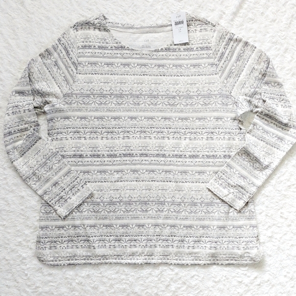 NWT J. Jill Pima Cotton Crew Neck Long Sleeve Tee Gray Ivory Print NWT Size LP - Picture 2 of 6